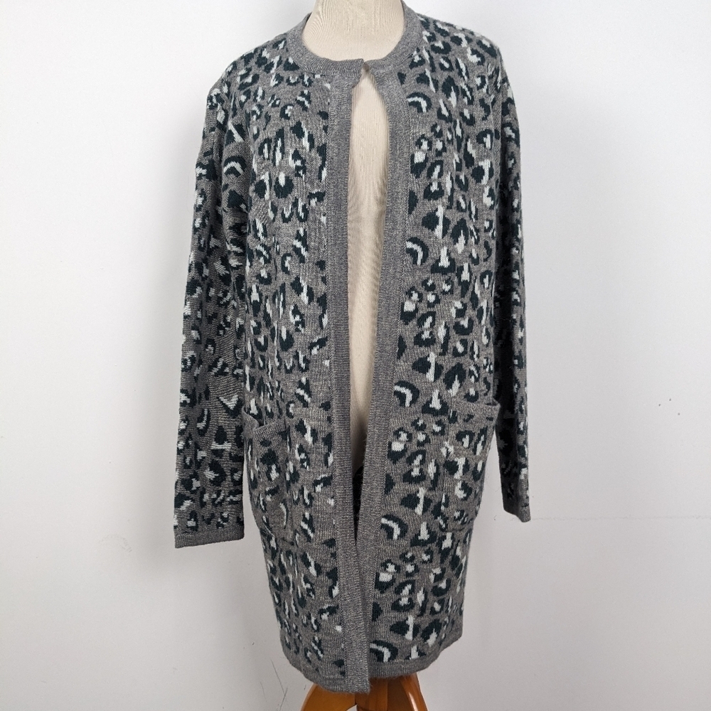 Cynthia Rowley Gray Leopard Knit Acrylic Alpaca Blend Open Long Line Cardigan M